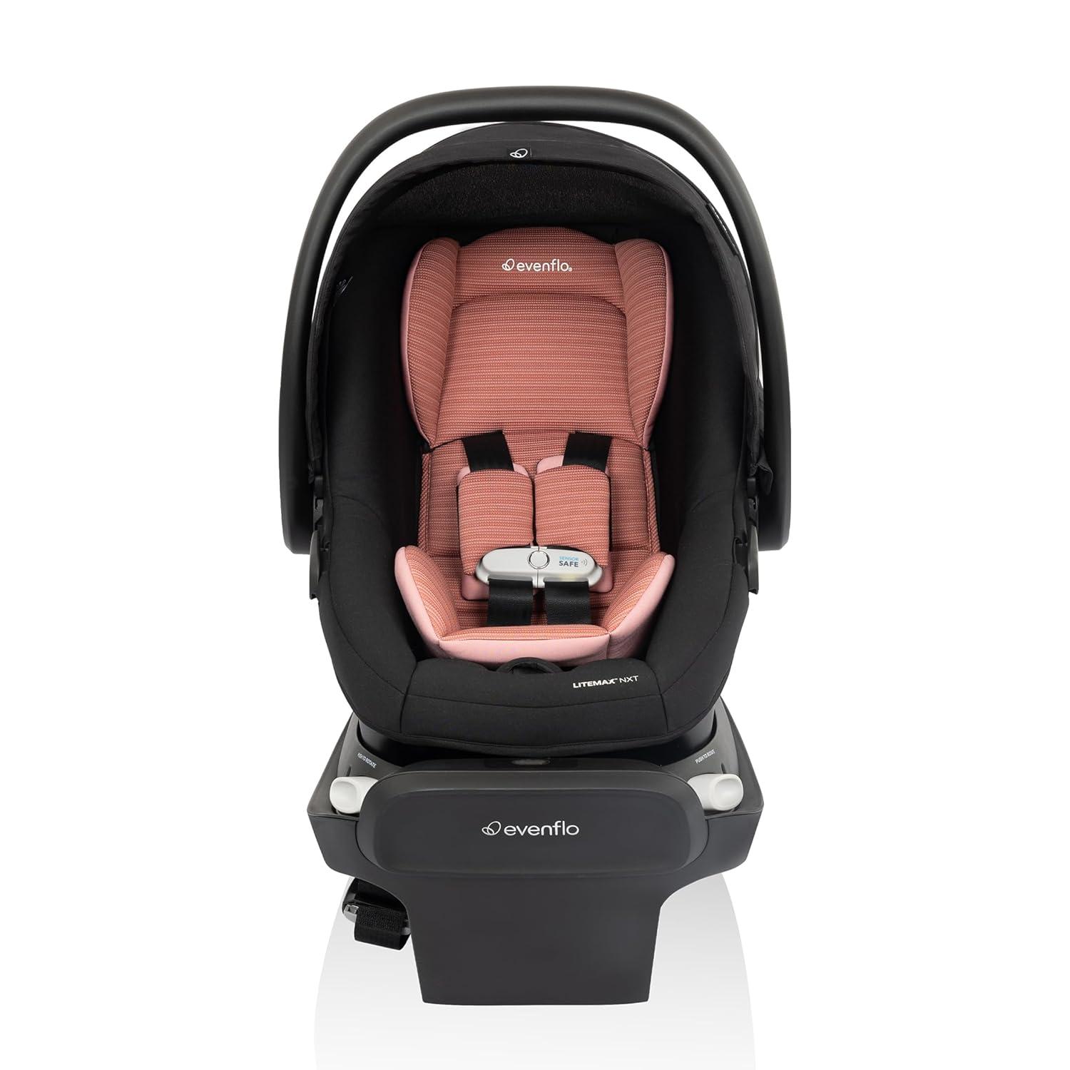 imageEvenflo Revolve180 LiteMax NXT Rotating RearFacing Lightweight Preemie and Infant Car Seat 330lbs with Green ampamp Gentle Easy Install with Base Primrose PinkRose Pink