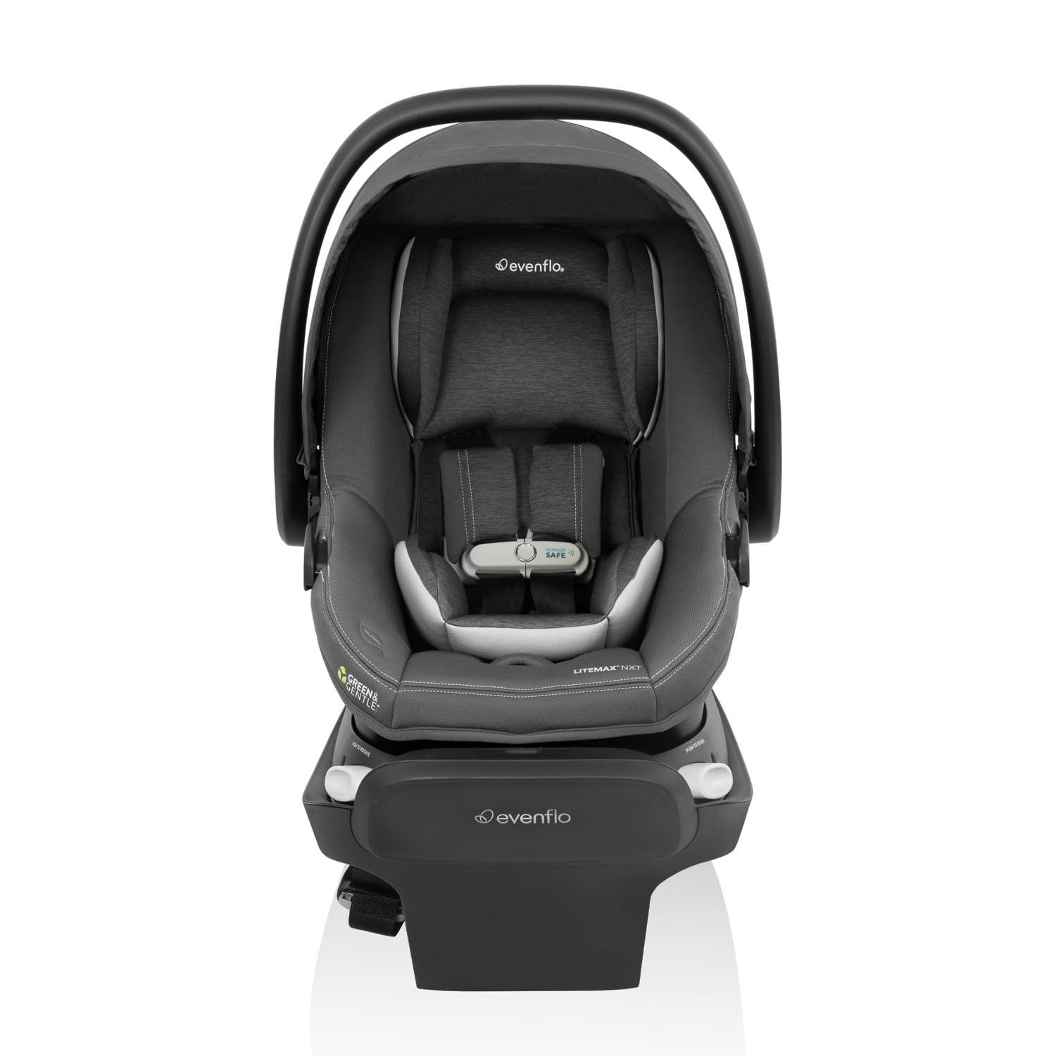 imageEvenflo Revolve180 LiteMax NXT Rotating RearFacing Lightweight Preemie and Infant Car Seat 330lbs with Green ampamp Gentle Easy Install with Base Primrose PinkAnchor Gray