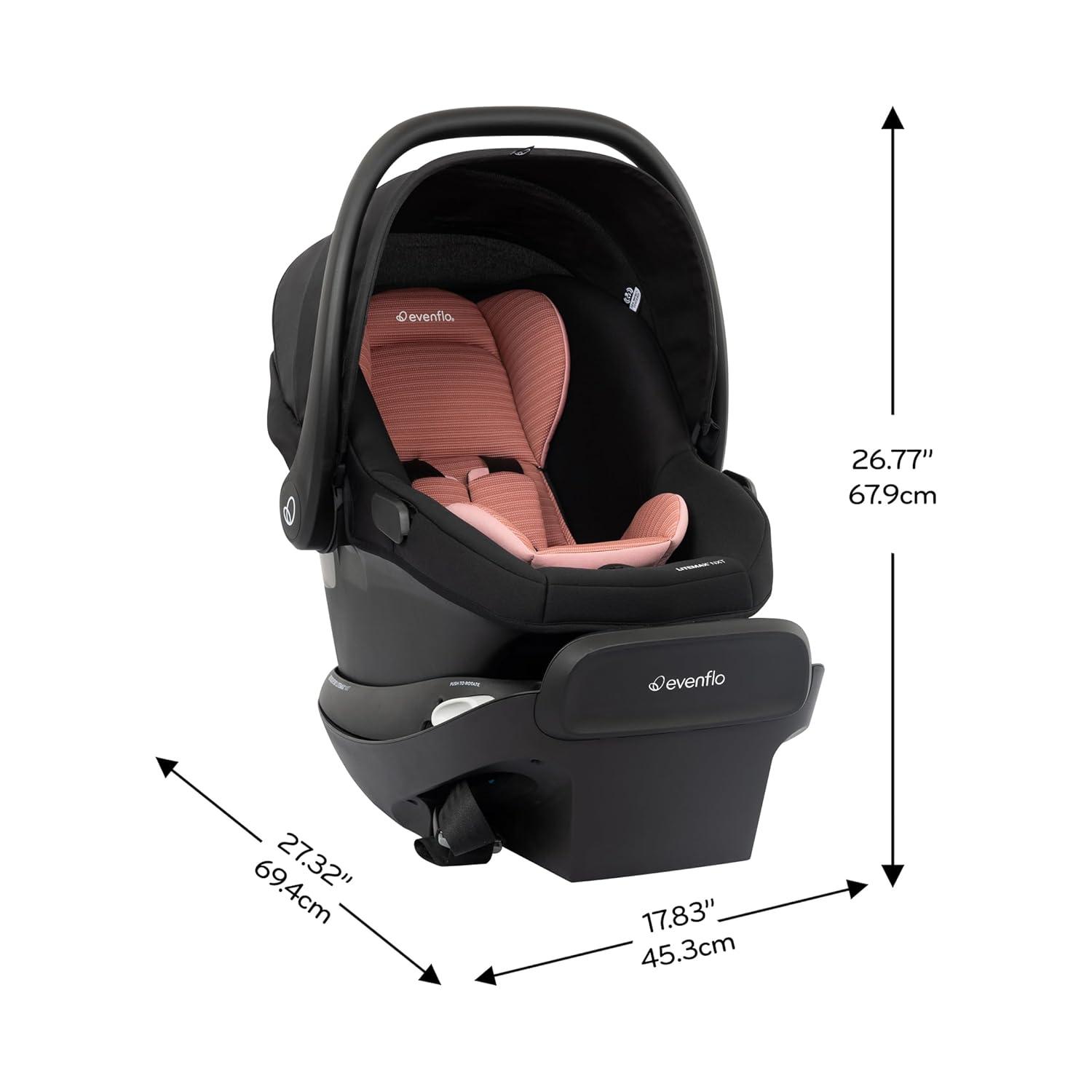 imageEvenflo Revolve180 LiteMax NXT Rotating RearFacing Lightweight Preemie and Infant Car Seat 330lbs with Green ampamp Gentle Easy Install with Base Primrose PinkRose Pink