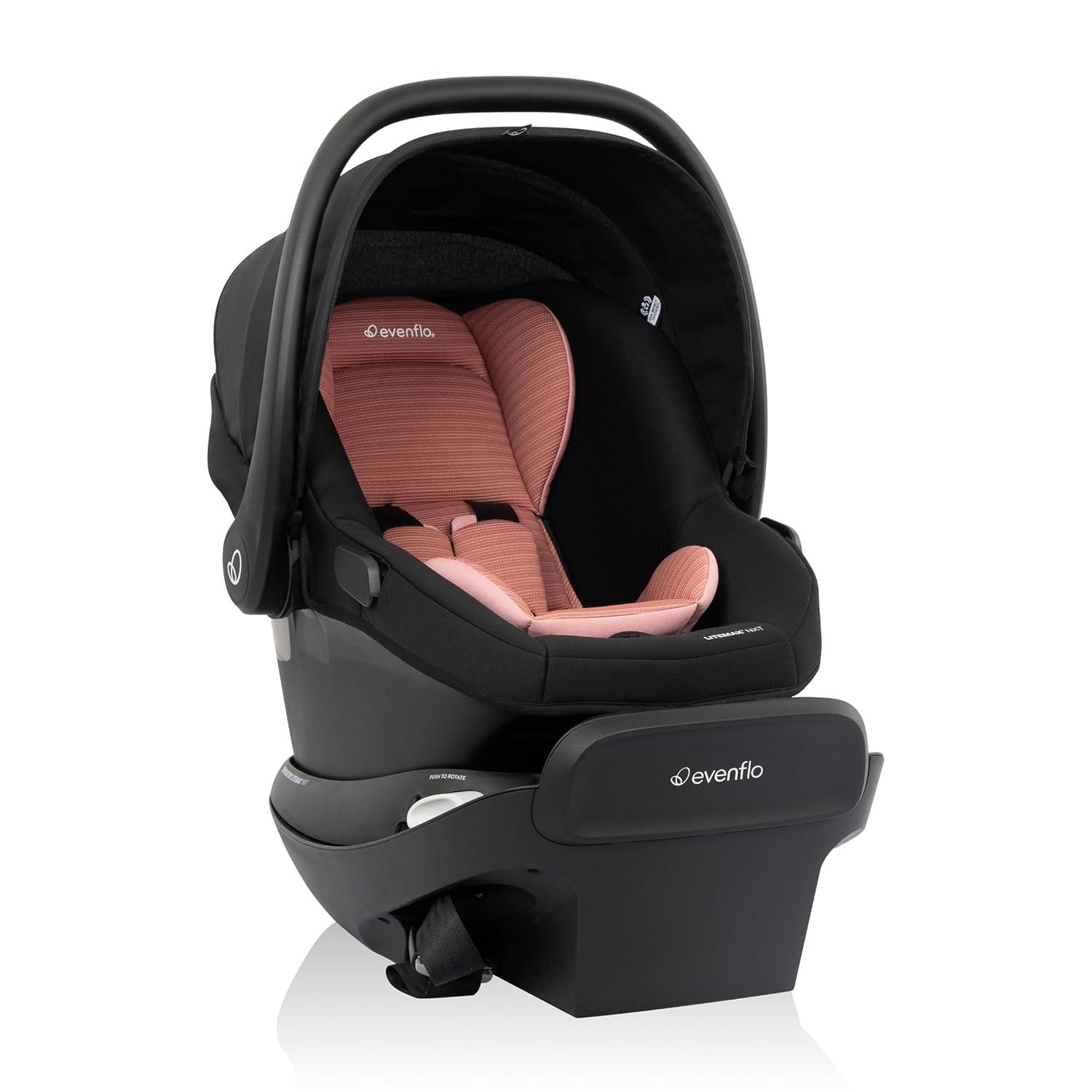 imageEvenflo Revolve180 LiteMax NXT Rotating RearFacing Lightweight Preemie and Infant Car Seat 330lbs with Green ampamp Gentle Easy Install with Base Primrose PinkRose Pink