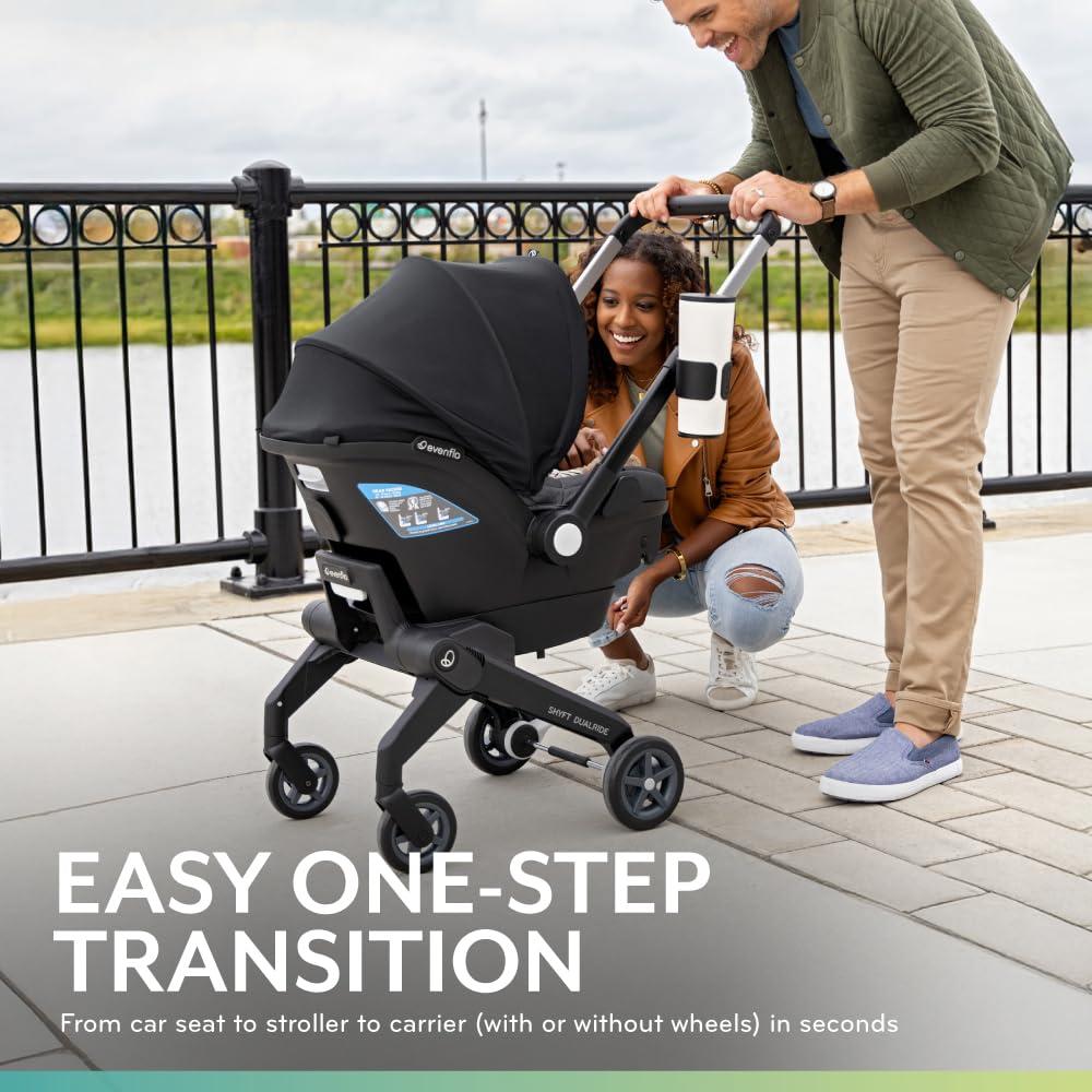 imageEvenflo Shyft DualRide Infant Car Seat Stroller Combo with Carryall Storage Boone GrayDurham Green