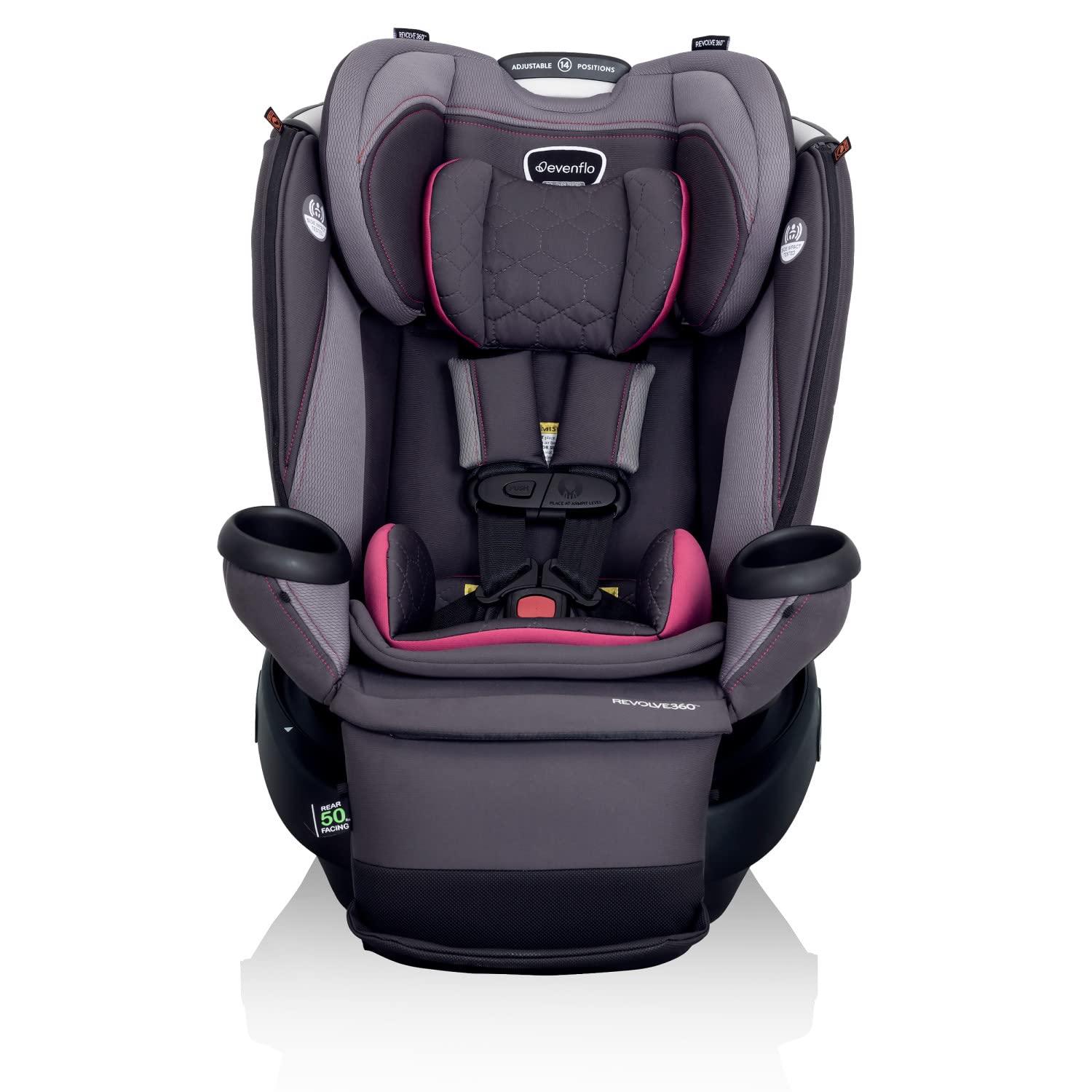 imageEvenflo Revolve360 Extend Convertible Car Seat with 360 Degree Rotation Extended RearFacing ForwardFacing Booster Mode and Secure Latch Install Rowe PinkRowe Pink