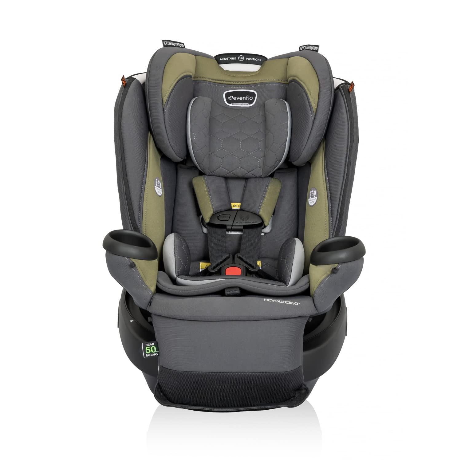imageEvenflo Revolve360 Extend Convertible Car Seat with 360 Degree Rotation Extended RearFacing ForwardFacing Booster Mode and Secure Latch Install Rowe PinkRockland Green