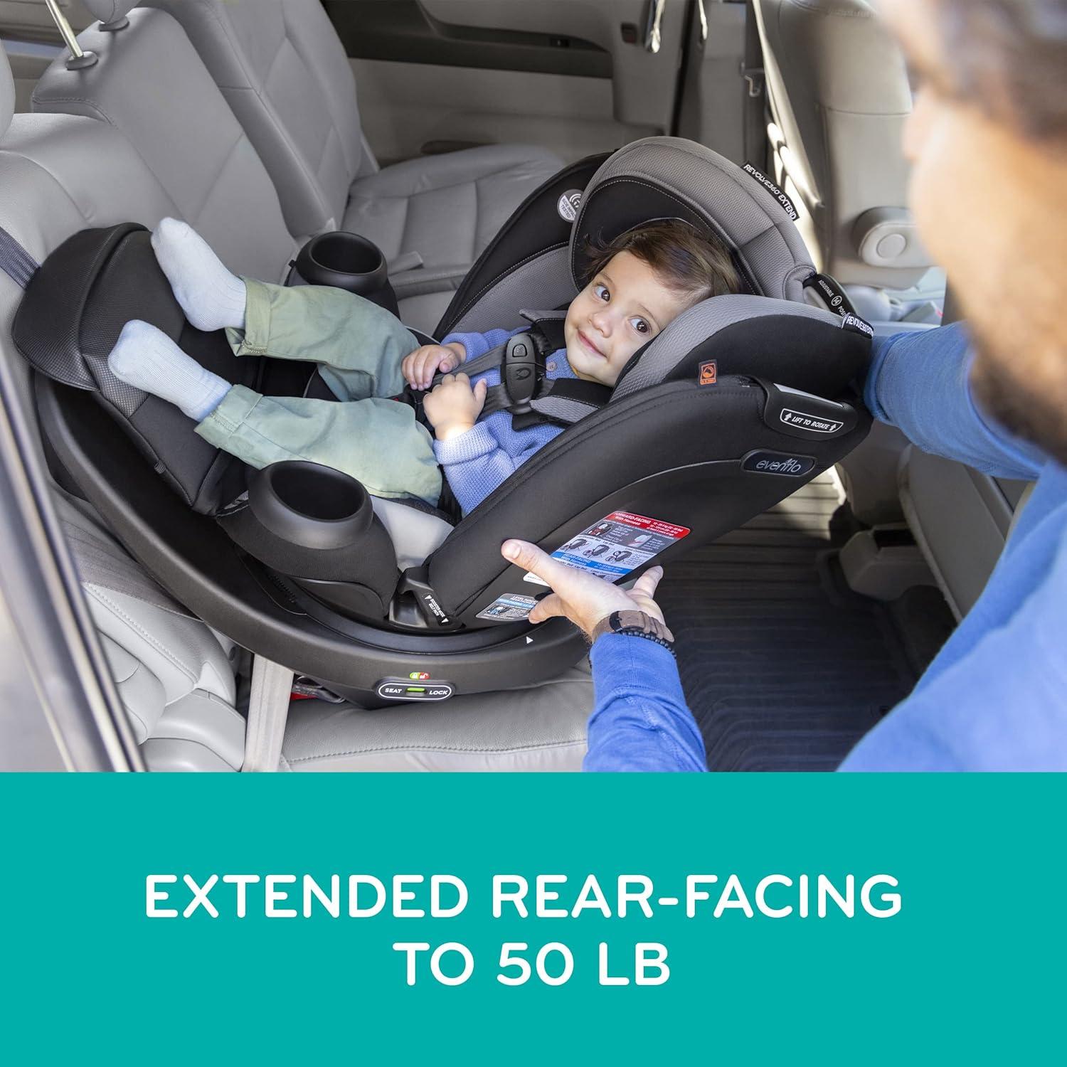 imageEvenflo Revolve360 Extend Convertible Car Seat with 360 Degree Rotation Extended RearFacing ForwardFacing Booster Mode and Secure Latch Install Rowe PinkRockland Green